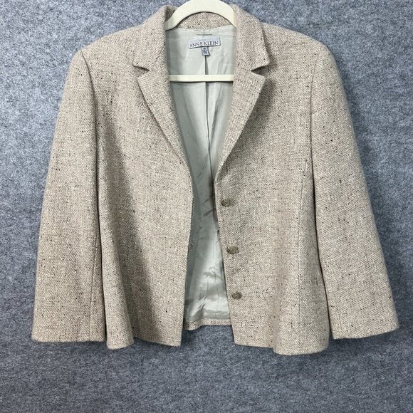 Ann Klein Wool Angora Blazer Jacket Womens Petite 10 Cream Tweed Light Academia - Picture 3 of 16